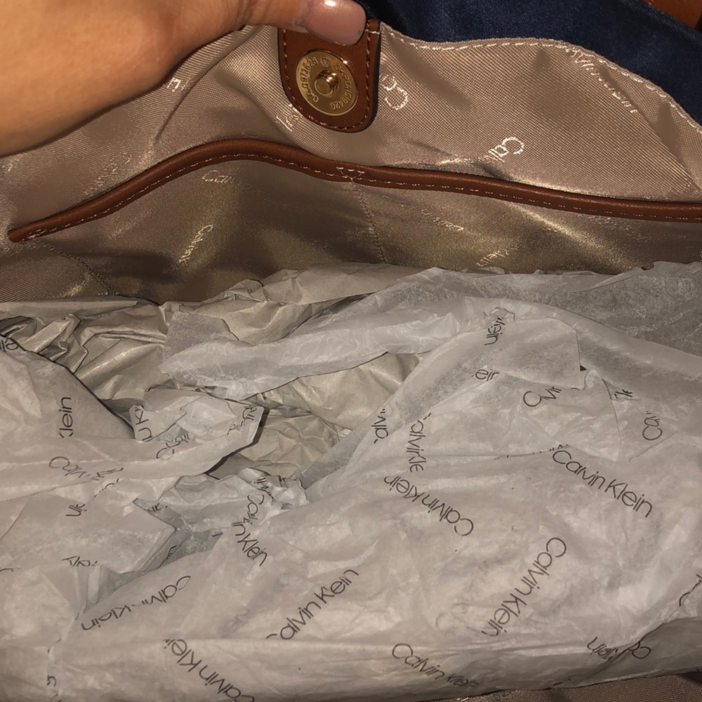 NWT Calvin Klein navy/brown satchel - Picture 5 of 6